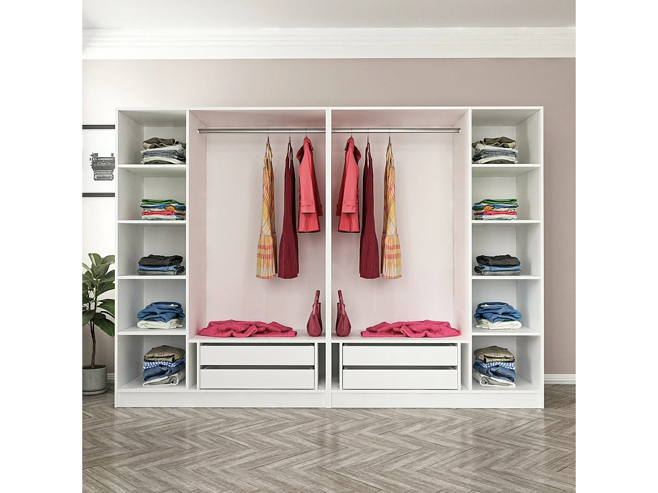 Dressing 6 portes Verre fumé Noir Antipaxos L270xH210cm 2 tringles et 4 tiroirs Blanc