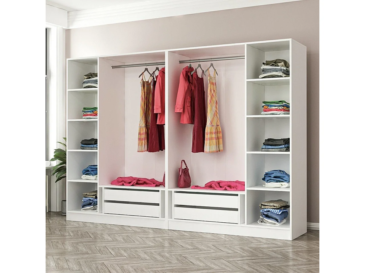 Dressing 6 portes Verre fumé Noir Antipaxos L270xH210cm 2 tringles et 4 tiroirs Blanc