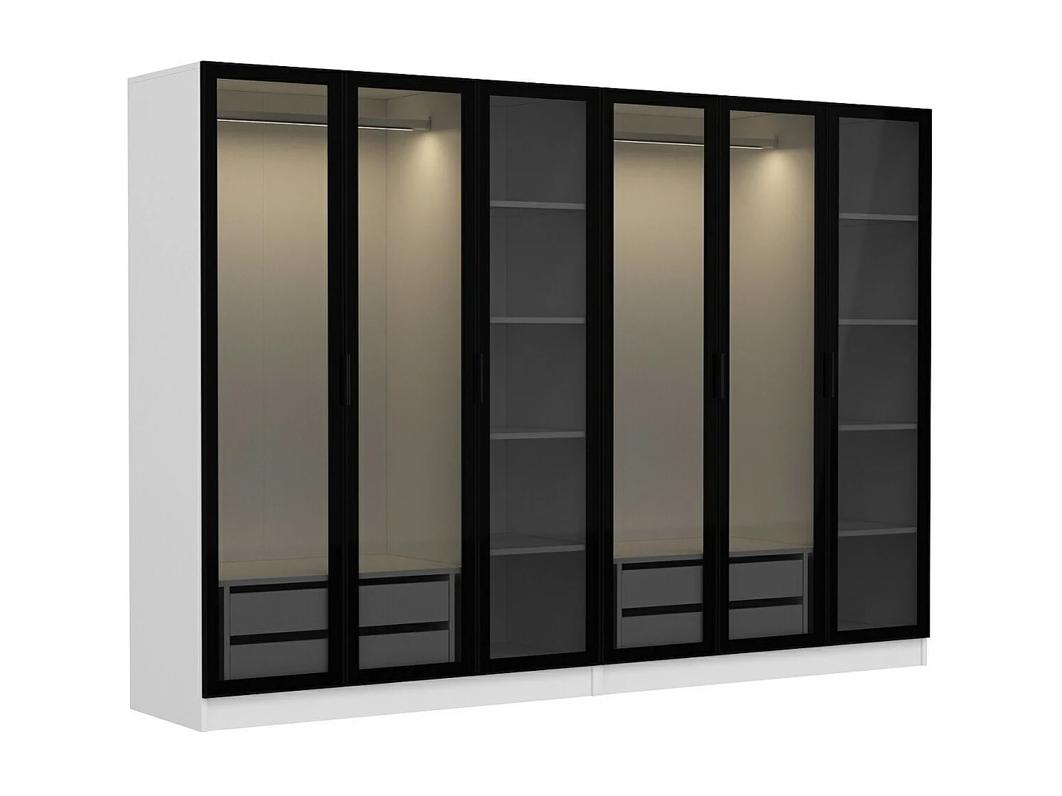 Dressing 6 portes Verre fumé Noir Antipaxos L270xH210cm 2 tringles et 4 tiroirs Blanc