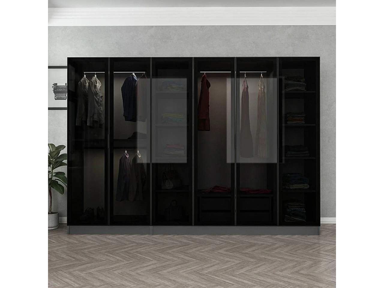 Dressing 6 portes Verre fumé Noir Antipaxos L270xH210cm 3 tringles et 2 tiroirs Anthracite