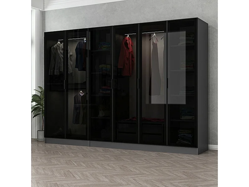 Dressing 6 portes Verre fumé Noir Antipaxos L270xH210cm 3 tringles et 2 tiroirs Anthracite