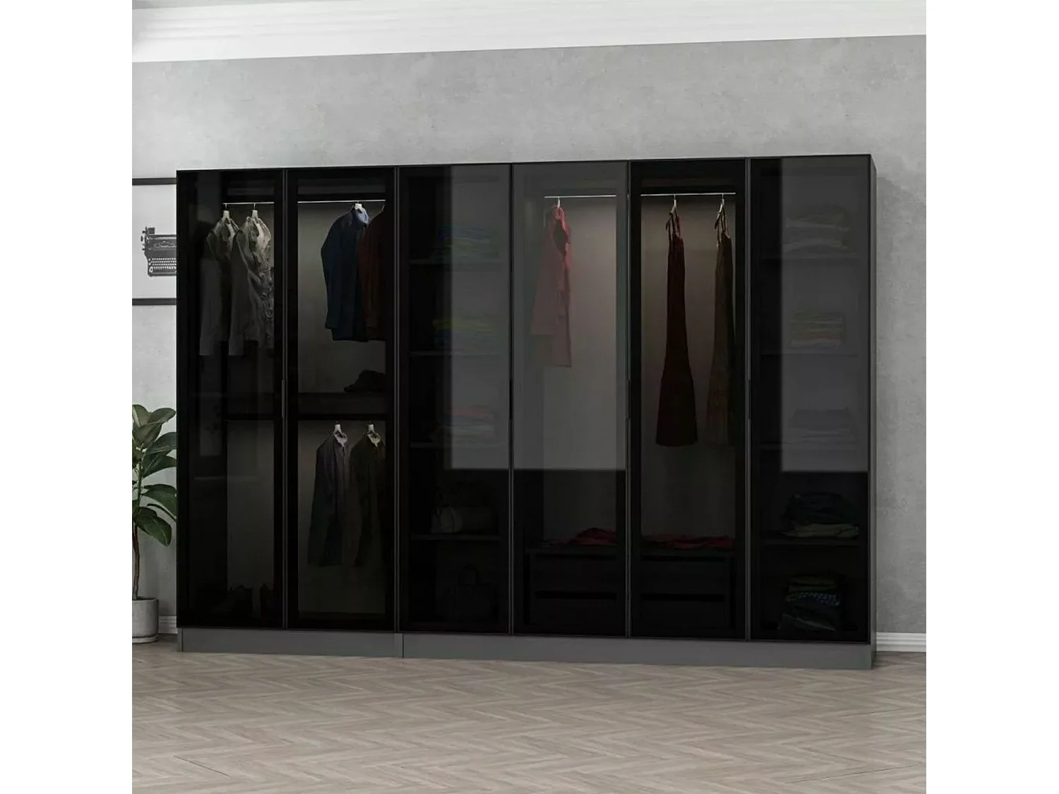 Dressing 6 portes Verre fumé Noir Antipaxos L270xH190cm 3 tringles et 2 tiroirs Anthracite