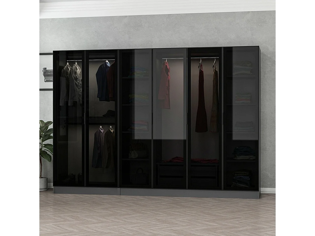 Dressing 6 portes Verre fumé Noir Antipaxos L270xH190cm 3 tringles et 2 tiroirs Anthracite