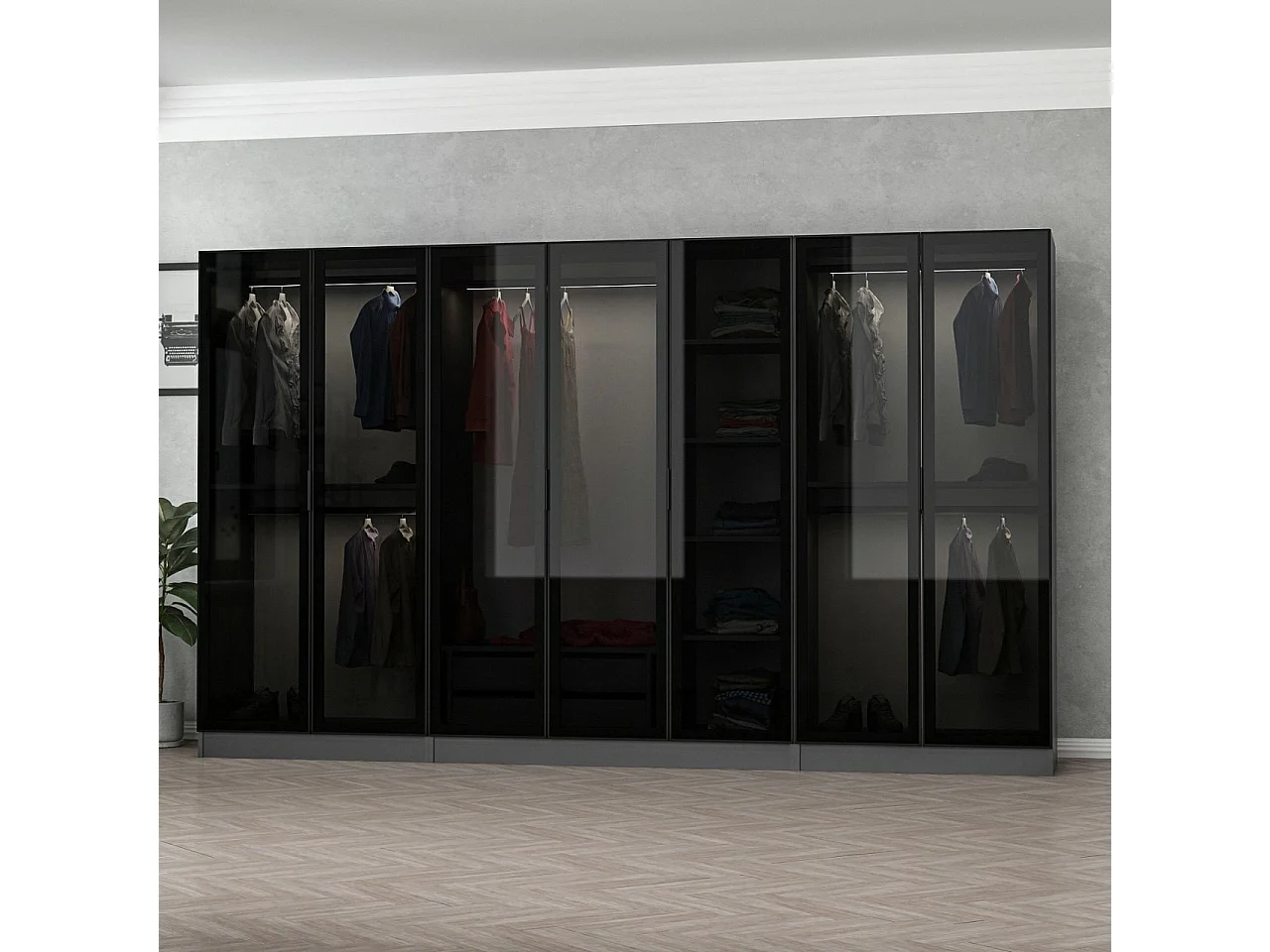 Dressing 7 portes Verre fumé Noir Antipaxos L315xH210cm 4 tringles et 2 tiroirs Anthracite