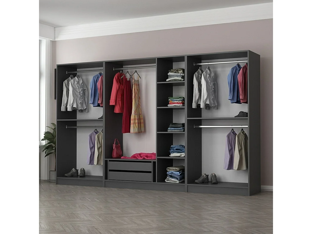 Dressing 7 portes Verre fumé Noir Antipaxos L315xH210cm 4 tringles et 2 tiroirs Anthracite