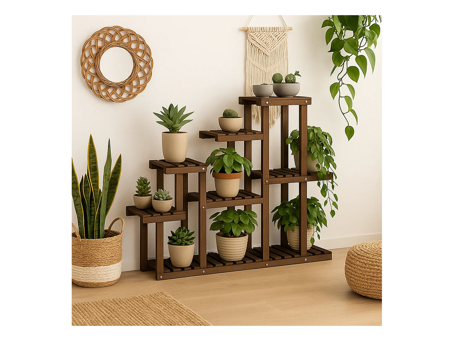 Takumi - Scaffale per Piante Fioriera 113x97x25 cm Porta Vasi da Interno 9 Ripiani in Legno di Abete