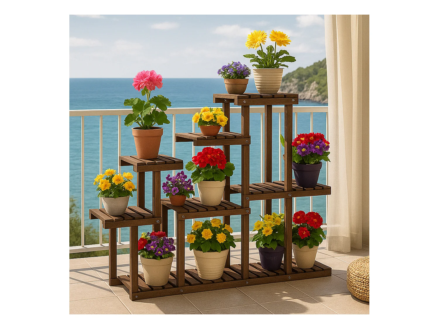 Takumi - Scaffale per Piante Fioriera 113x97x25 cm Porta Vasi da Interno 9 Ripiani in Legno di Abete