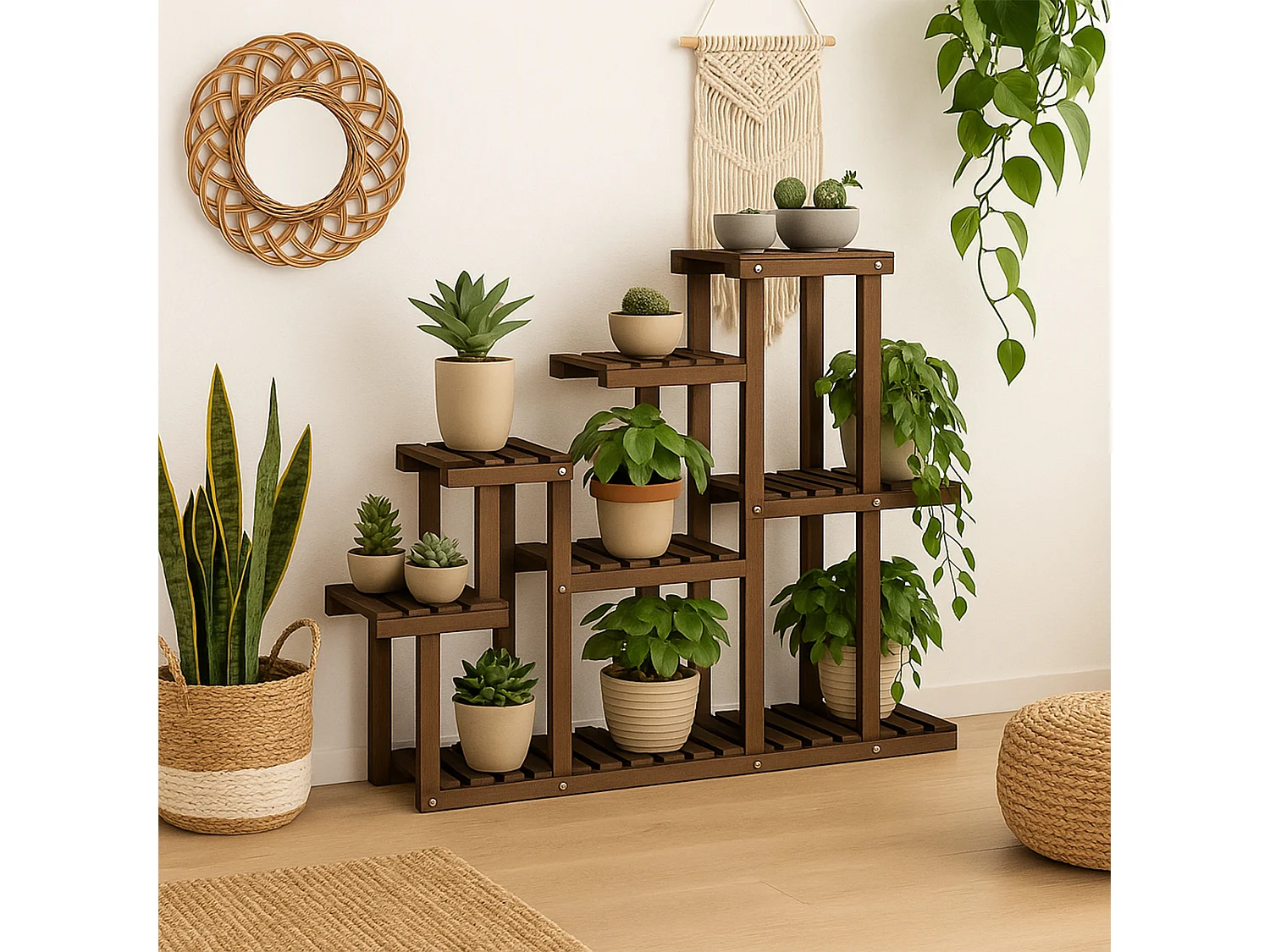 Takumi - Étagère à Plantes Jardinière 113x97x25 cm Porte-Pots d’Intérieur 9 Niveaux en Bois de Sapin