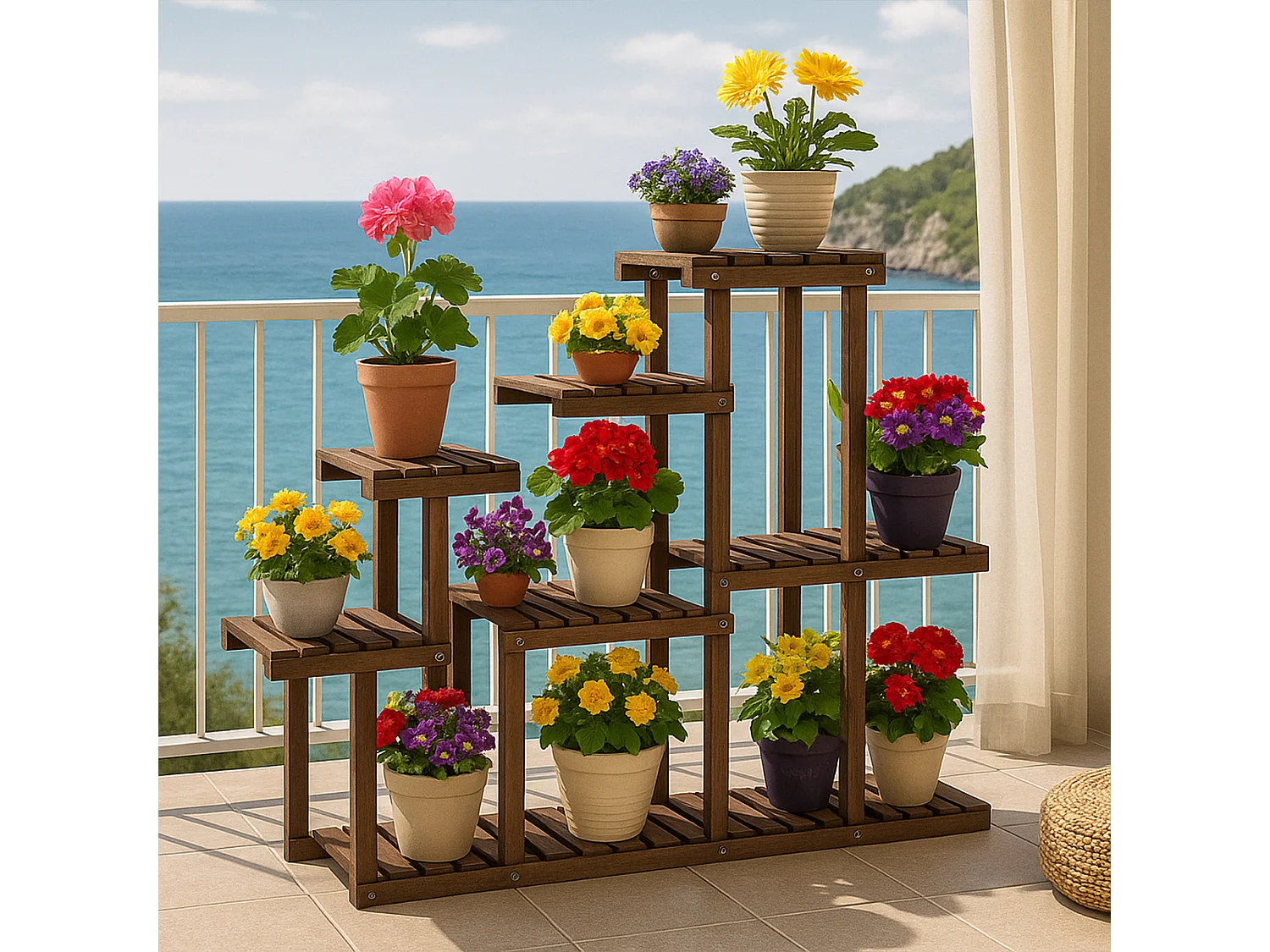 Takumi - Étagère à Plantes Jardinière 113x97x25 cm Porte-Pots d’Intérieur 9 Niveaux en Bois de Sapin