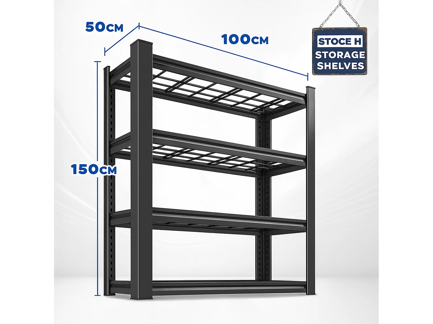 Mesh 150 - Estante de metal 150x100x50 cm com 4 prateleiras em rede capacidade de carga 1365 kg preto