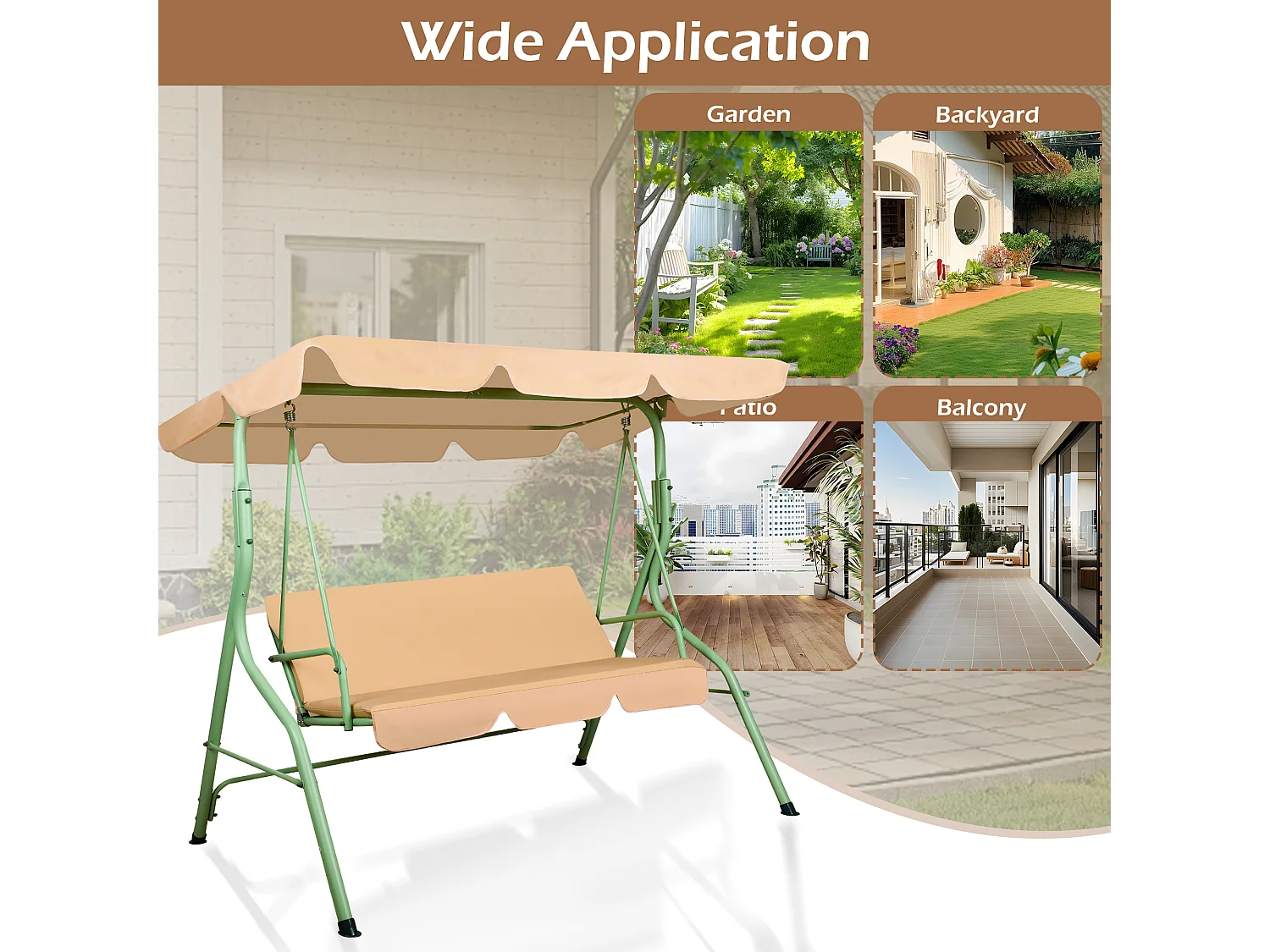 Hulaop - Balancé de 3 plazas para jardín con cojín acolchado y toldo parasol en acero y poliéster beige