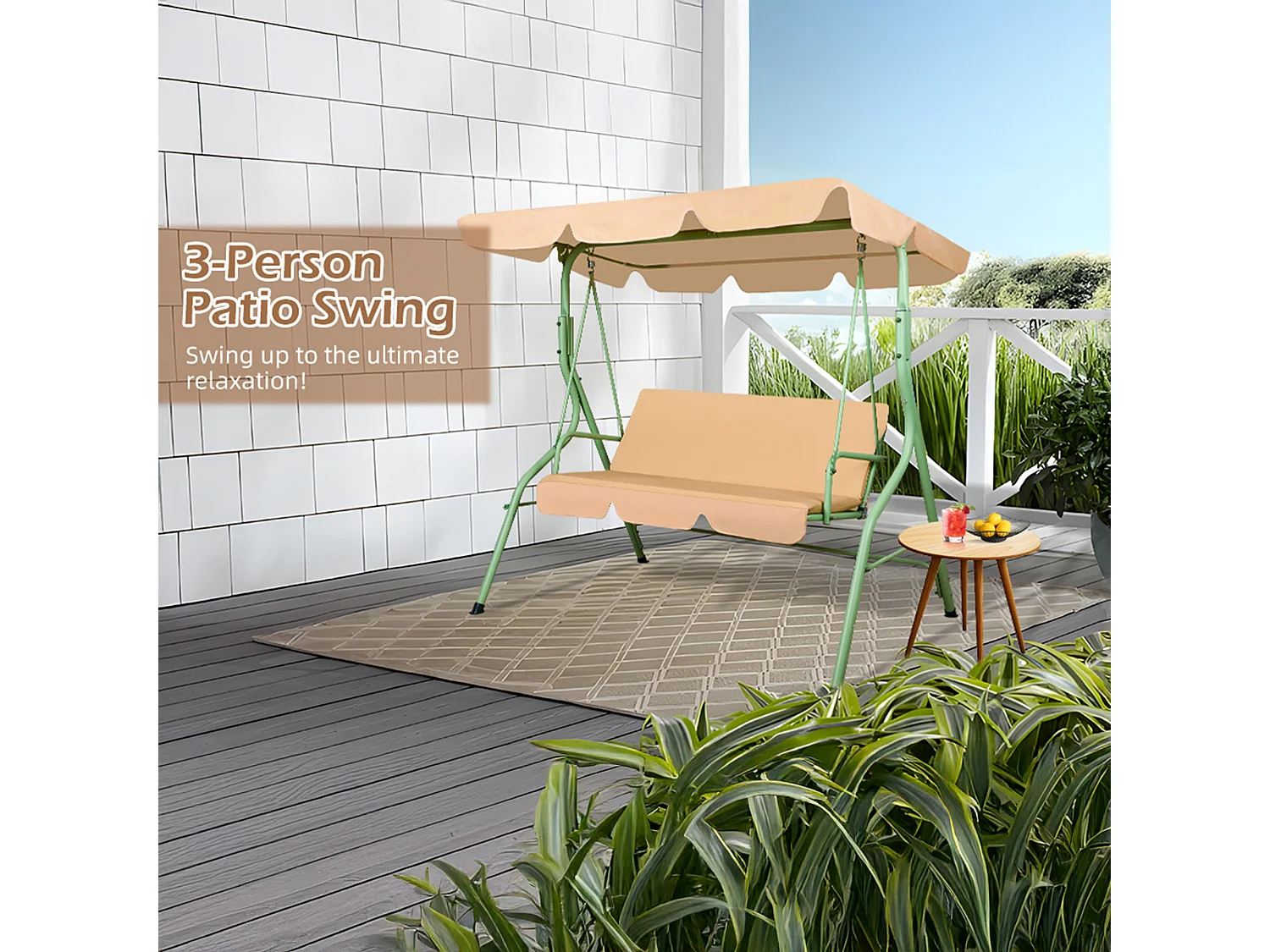 Hulaop - Balancé de 3 plazas para jardín con cojín acolchado y toldo parasol en acero y poliéster beige