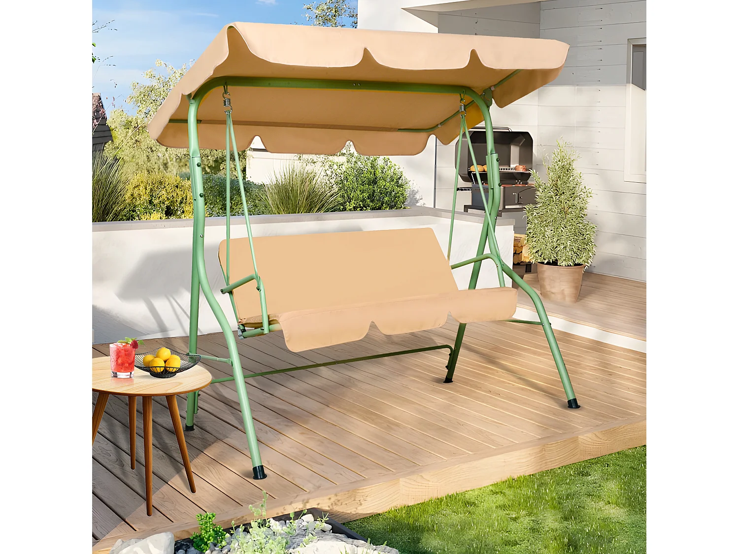 Hulaop - Balancé de 3 plazas para jardín con cojín acolchado y toldo parasol en acero y poliéster beige