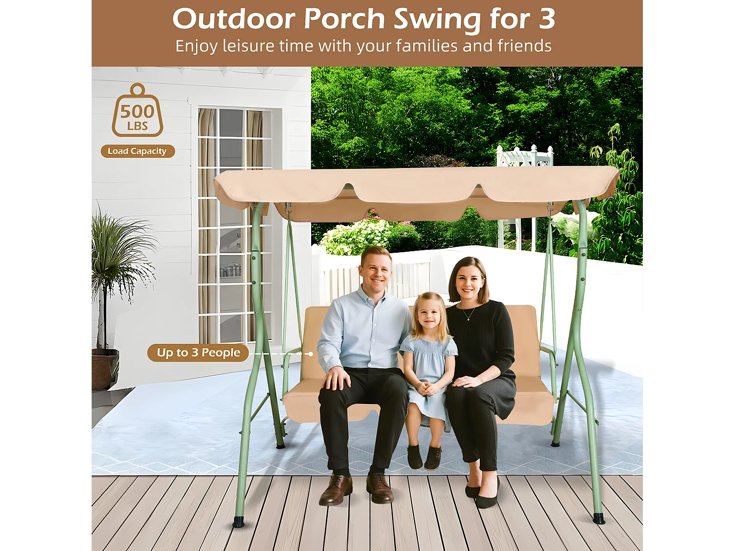 Hulaop - Balancé de 3 plazas para jardín con cojín acolchado y toldo parasol en acero y poliéster beige