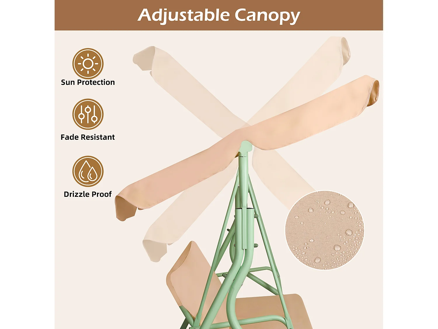 Hulaop - Balancé de 3 plazas para jardín con cojín acolchado y toldo parasol en acero y poliéster beige