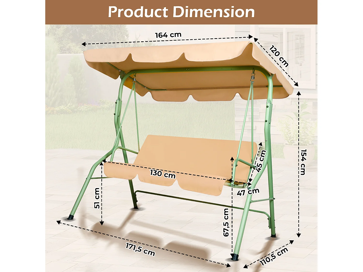 Hulaop - Balancé de 3 plazas para jardín con cojín acolchado y toldo parasol en acero y poliéster beige