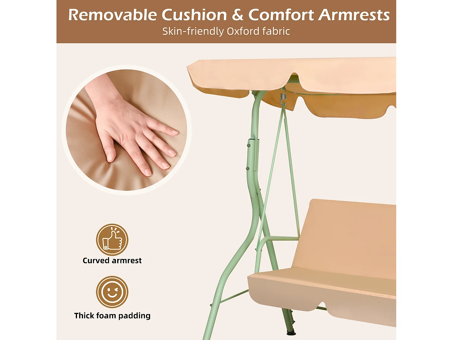 Hulaop - Balancé de 3 plazas para jardín con cojín acolchado y toldo parasol en acero y poliéster beige