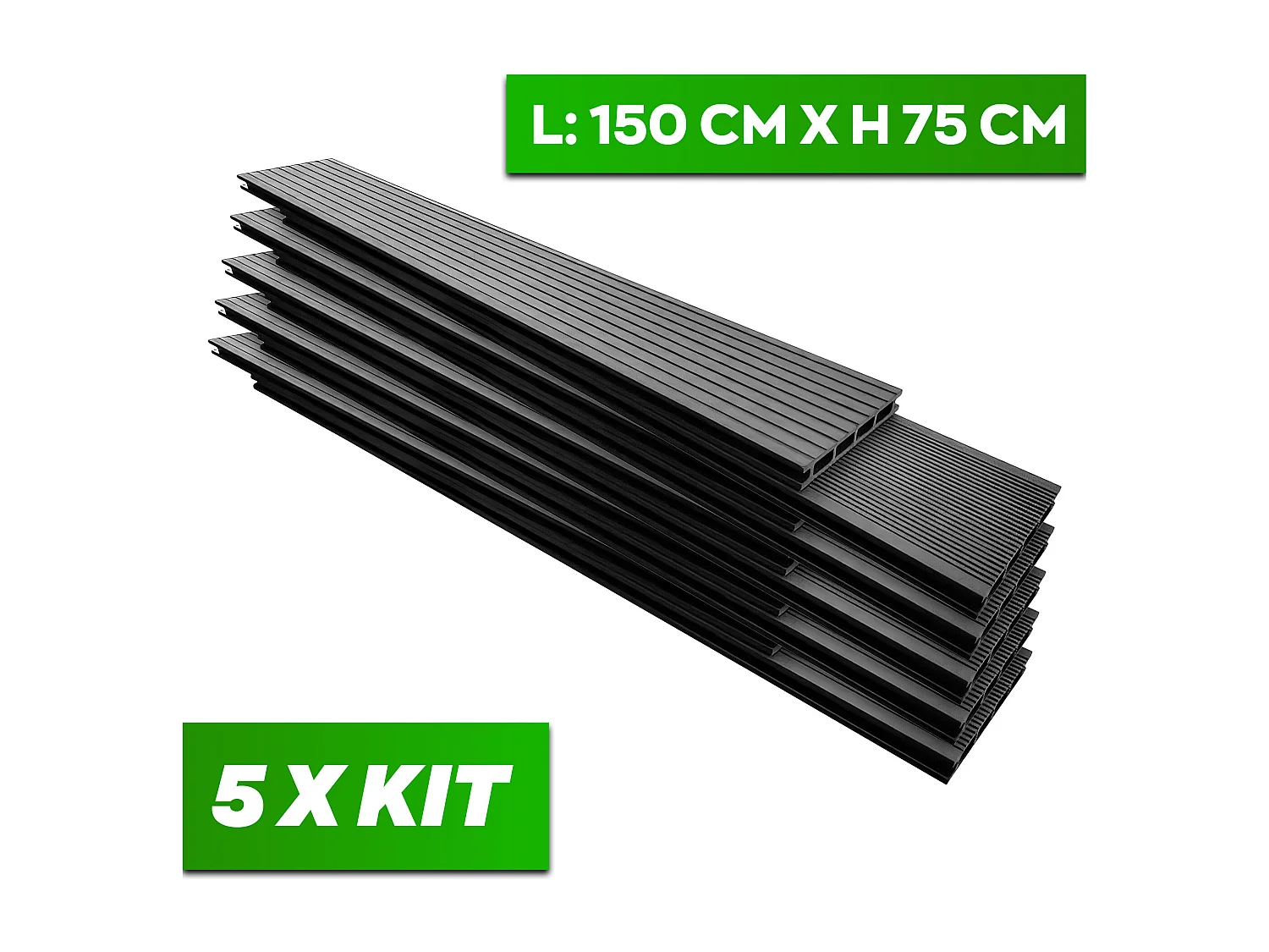 Kaido - Set di 5 Doghe Pavimento da Esterno 150x75 cm per Giardino Patio Terrazza in WPC Nero