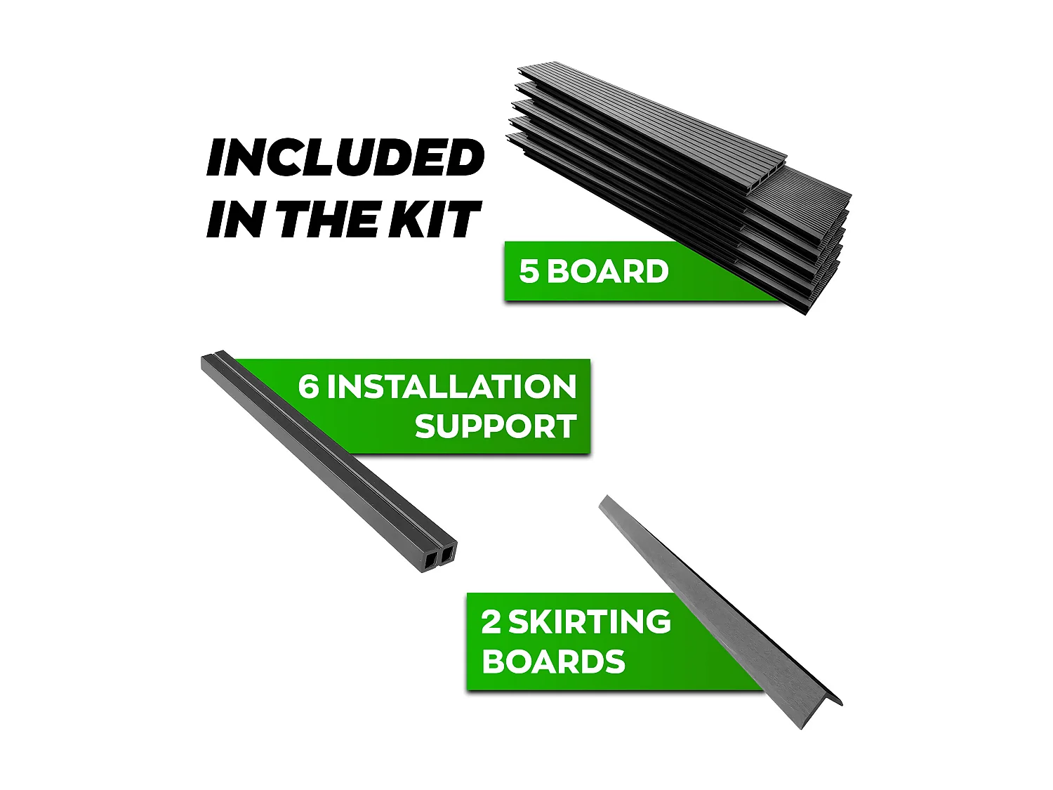 Kaido - Set di 5 Doghe Pavimento da Esterno 150x75 cm per Giardino Patio Terrazza in WPC Nero