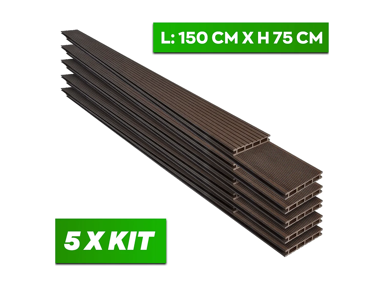 Kaido - Conjunto de 5 Ripas de Deck Exterior 150x75 cm para Jardim Pátio Terraço em WPC Teak