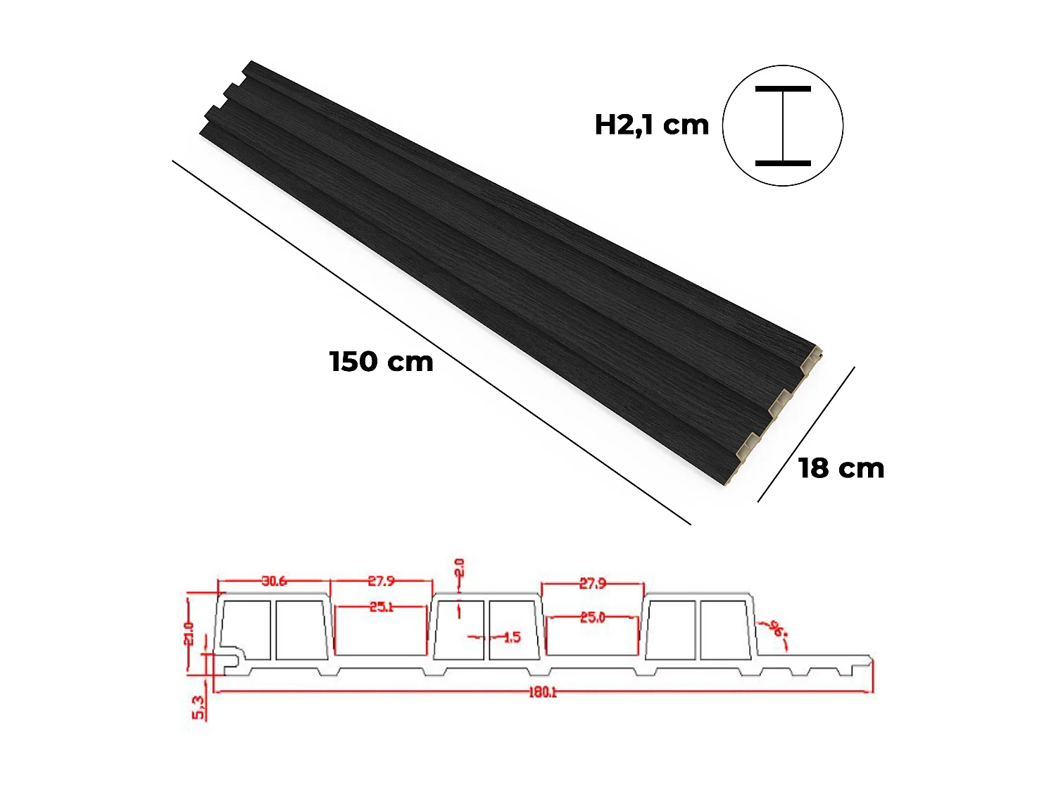 Bach - Set 8 Pannelli Fonoassorbenti Decorativi 150x18 cm per Interno ed Esterno in WPC Nero