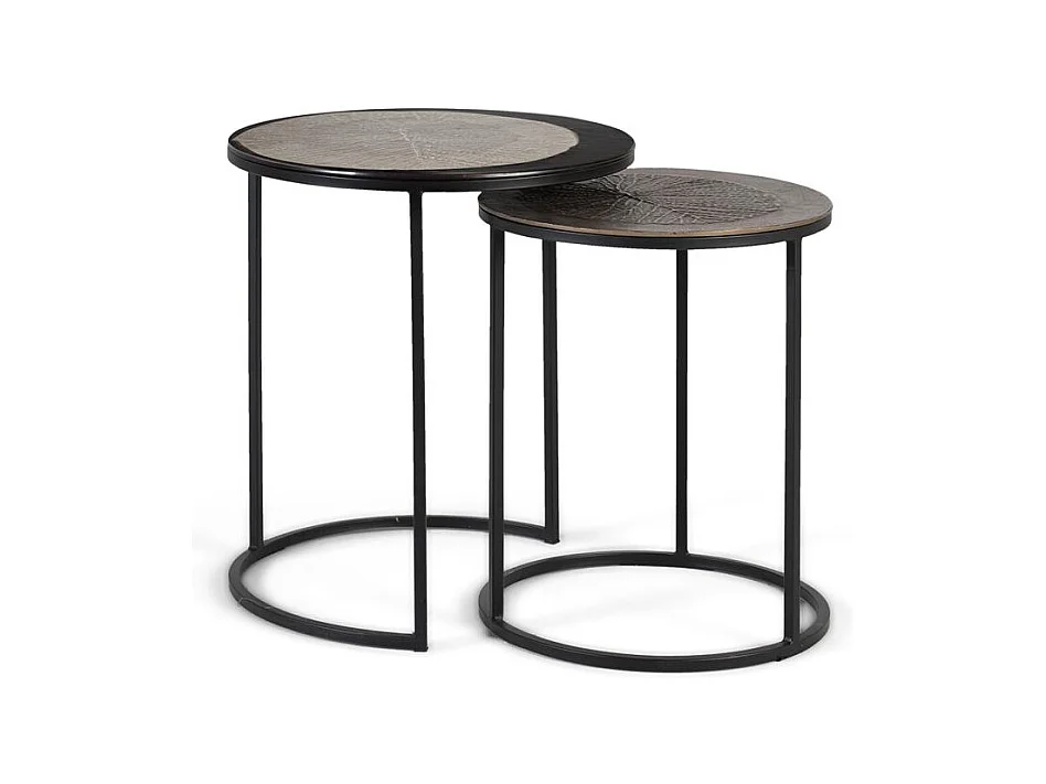 Conjunto de duas mesas de canto redondas com tampos de metal