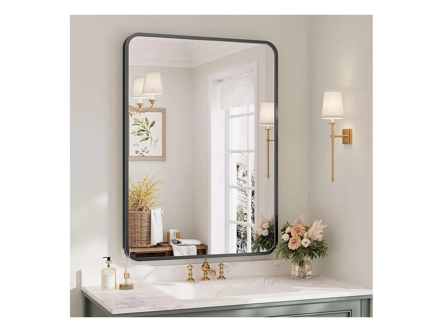 Specchio da bagno rettangolare 75x55 cm con cornice in alluminio nero, specchio da parete HD per trucco e decorazione della camera da letto e del soggiorno