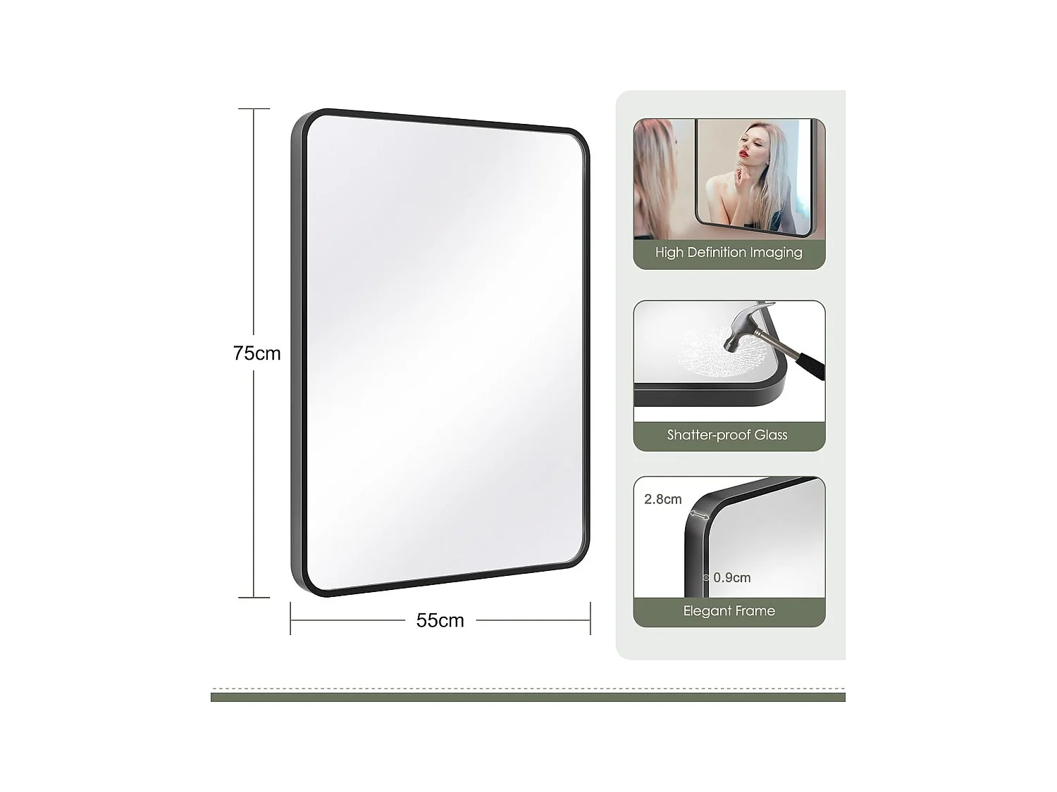 Specchio da bagno rettangolare 75x55 cm con cornice in alluminio nero, specchio da parete HD per trucco e decorazione della camera da letto e del soggiorno