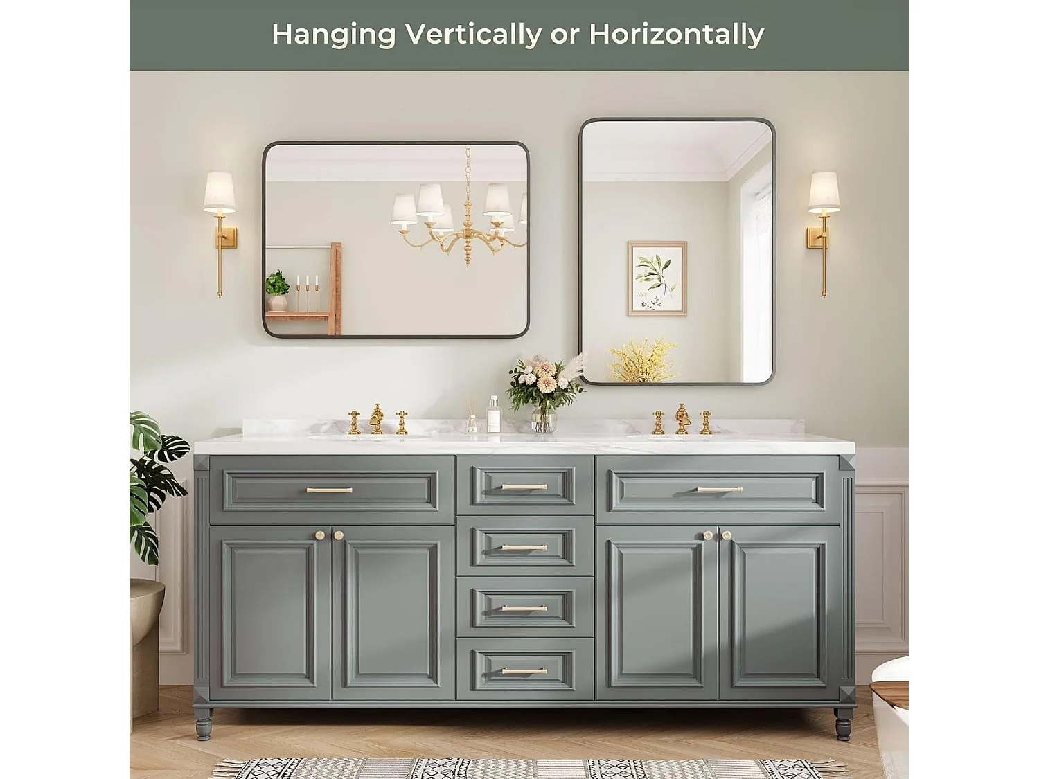 Specchio da bagno rettangolare 75x55 cm con cornice in alluminio nero, specchio da parete HD per trucco e decorazione della camera da letto e del soggiorno