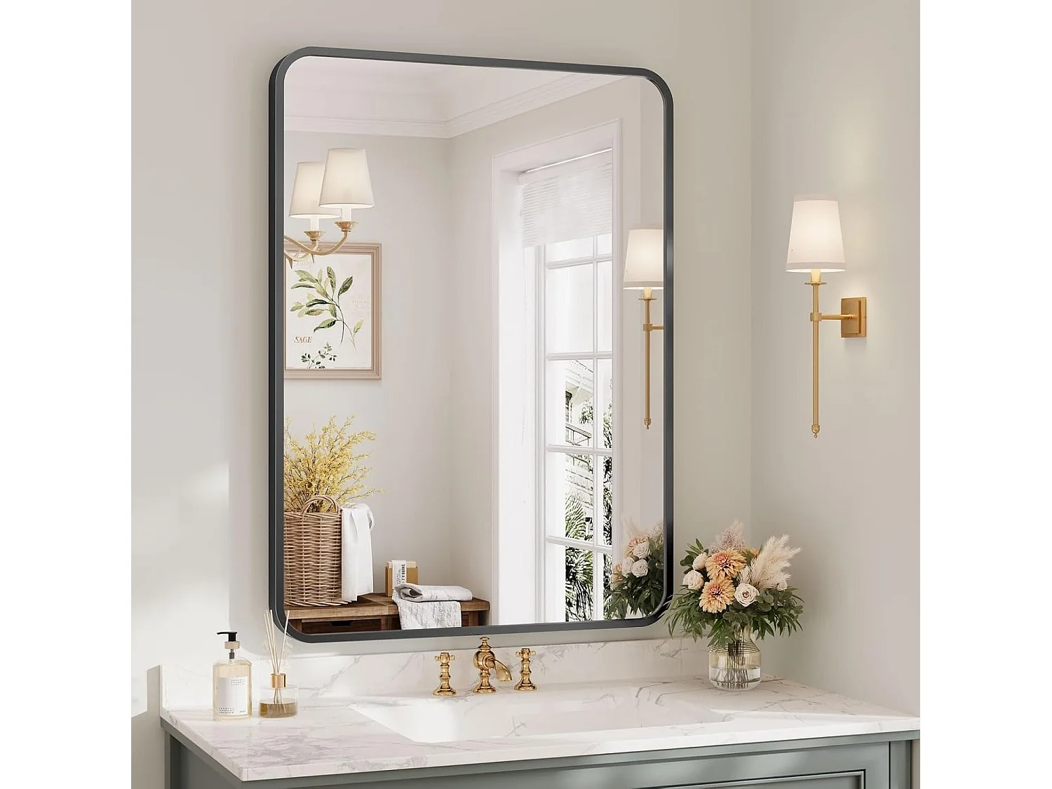 Miroir Salle de Bain Rectangulaire 75x55cm avec Cadre Aluminium Noir, Miroir Mural HD Maquillage et Décoration Chambre Salon