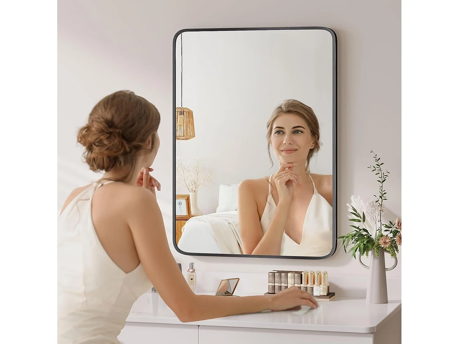 Miroir Salle de Bain Rectangulaire 75x55cm avec Cadre Aluminium Noir, Miroir Mural HD Maquillage et Décoration Chambre Salon