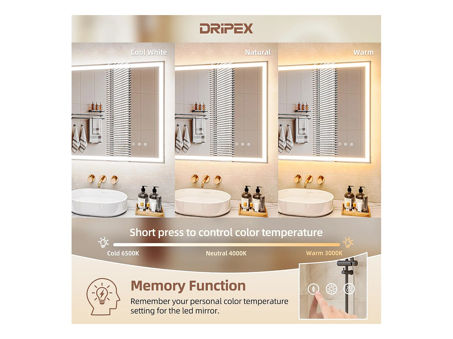 Specchio da bagno 60x80cm con illuminazione a LED, specchio da parete dimmerabile 3 colori, interruttore touch e funzione di memoria