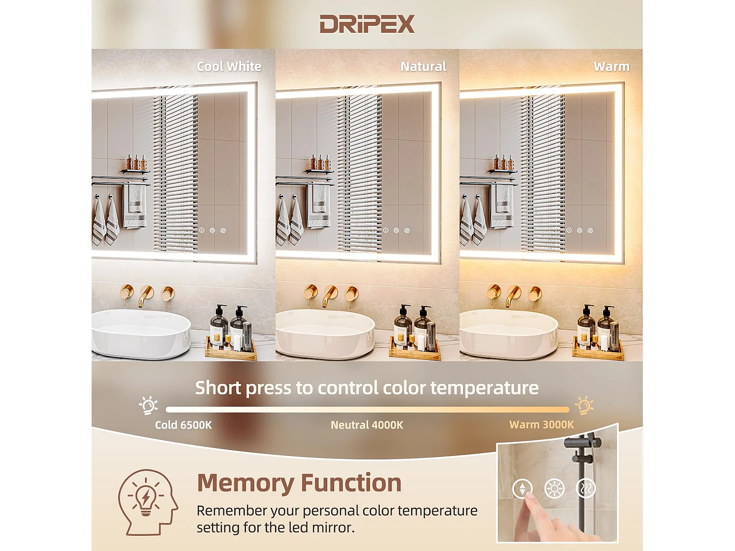 Miroir Salle de Bain 60x80cm avec Éclairage LED, Miroir Mural Dimmable 3 Couleurs, Interrupteur Tactile et Fonction Mémoire