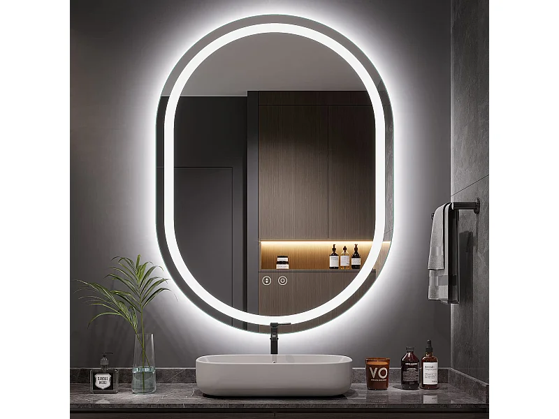 Miroir Salle de Bain 60x80cm Ovale LED, Anti-Buée, Dimmable 3 Couleurs, Miroir de Maquillage Réglable avec Éclairage