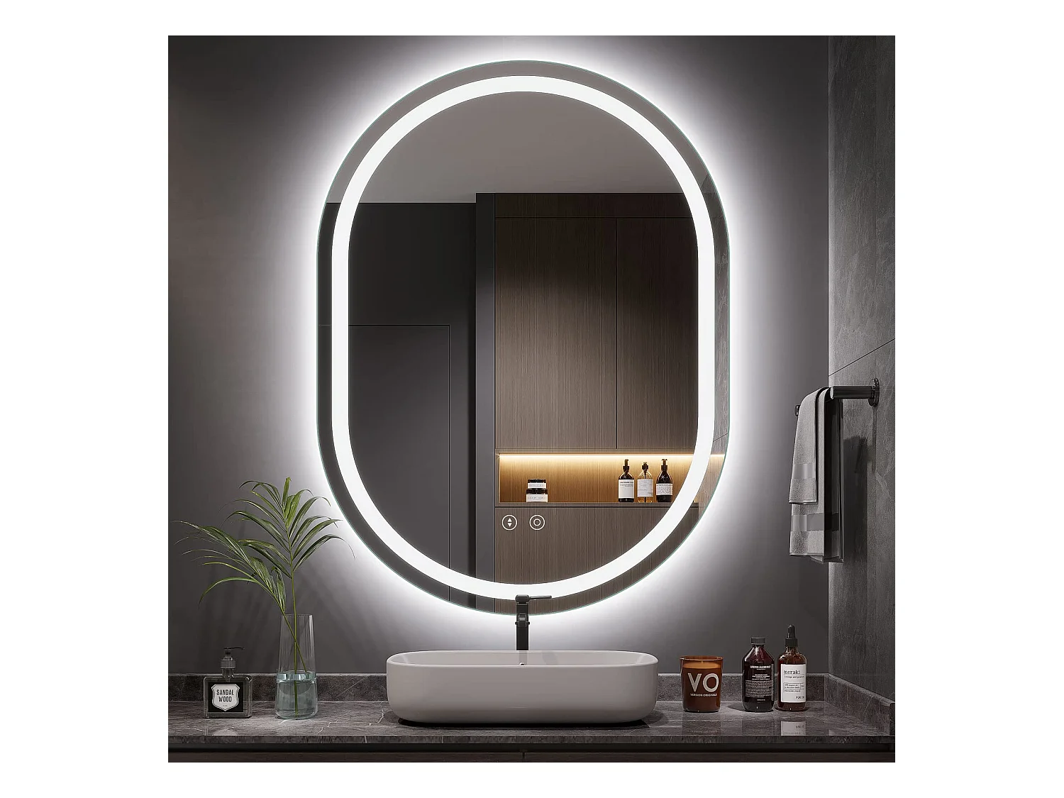 Specchio da bagno ovale 60x80cm LED, antiappannamento, dimmerabile 3 colori, specchio per il trucco regolabile con illuminazione