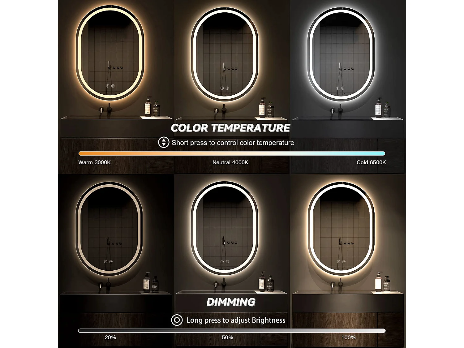 Specchio da bagno ovale 60x80cm LED, antiappannamento, dimmerabile 3 colori, specchio per il trucco regolabile con illuminazione