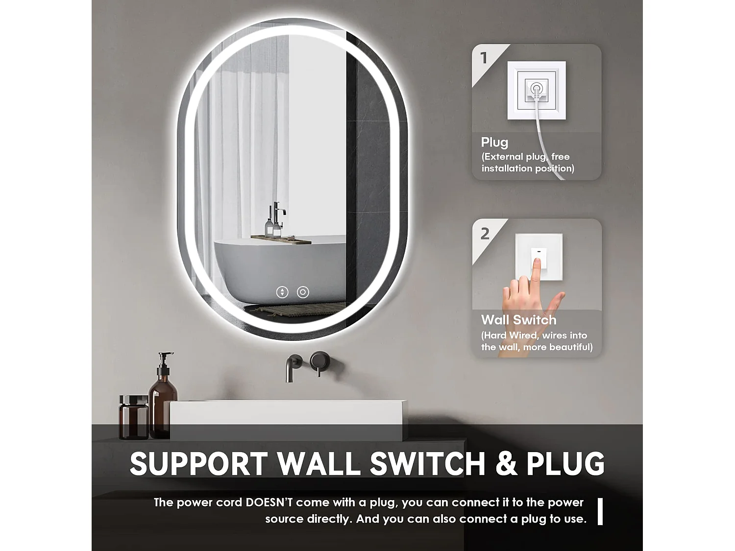 Specchio da bagno ovale 60x80cm LED, antiappannamento, dimmerabile 3 colori, specchio per il trucco regolabile con illuminazione