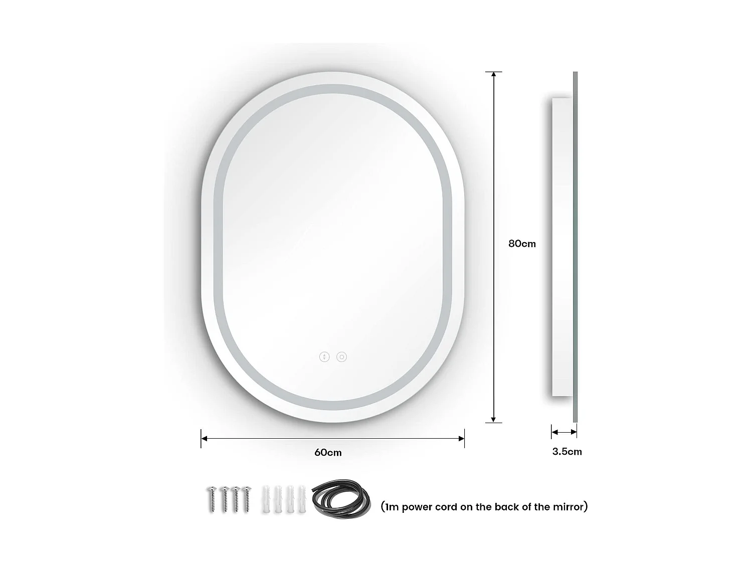 Specchio da bagno ovale 60x80cm LED, antiappannamento, dimmerabile 3 colori, specchio per il trucco regolabile con illuminazione