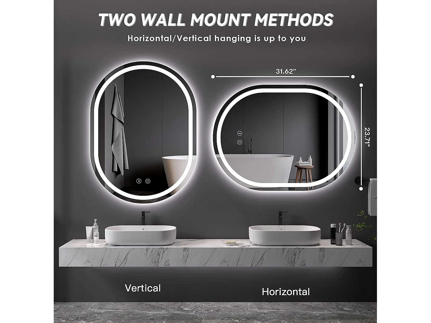 Specchio da bagno ovale 60x80cm LED, antiappannamento, dimmerabile 3 colori, specchio per il trucco regolabile con illuminazione