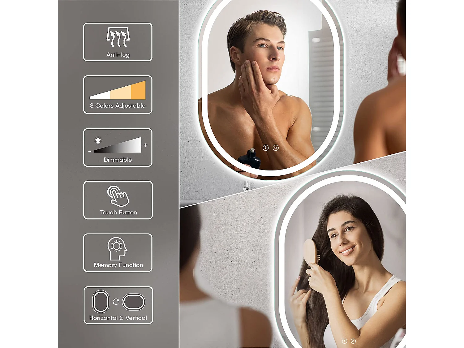 Specchio da bagno ovale 60x80cm LED, antiappannamento, dimmerabile 3 colori, specchio per il trucco regolabile con illuminazione