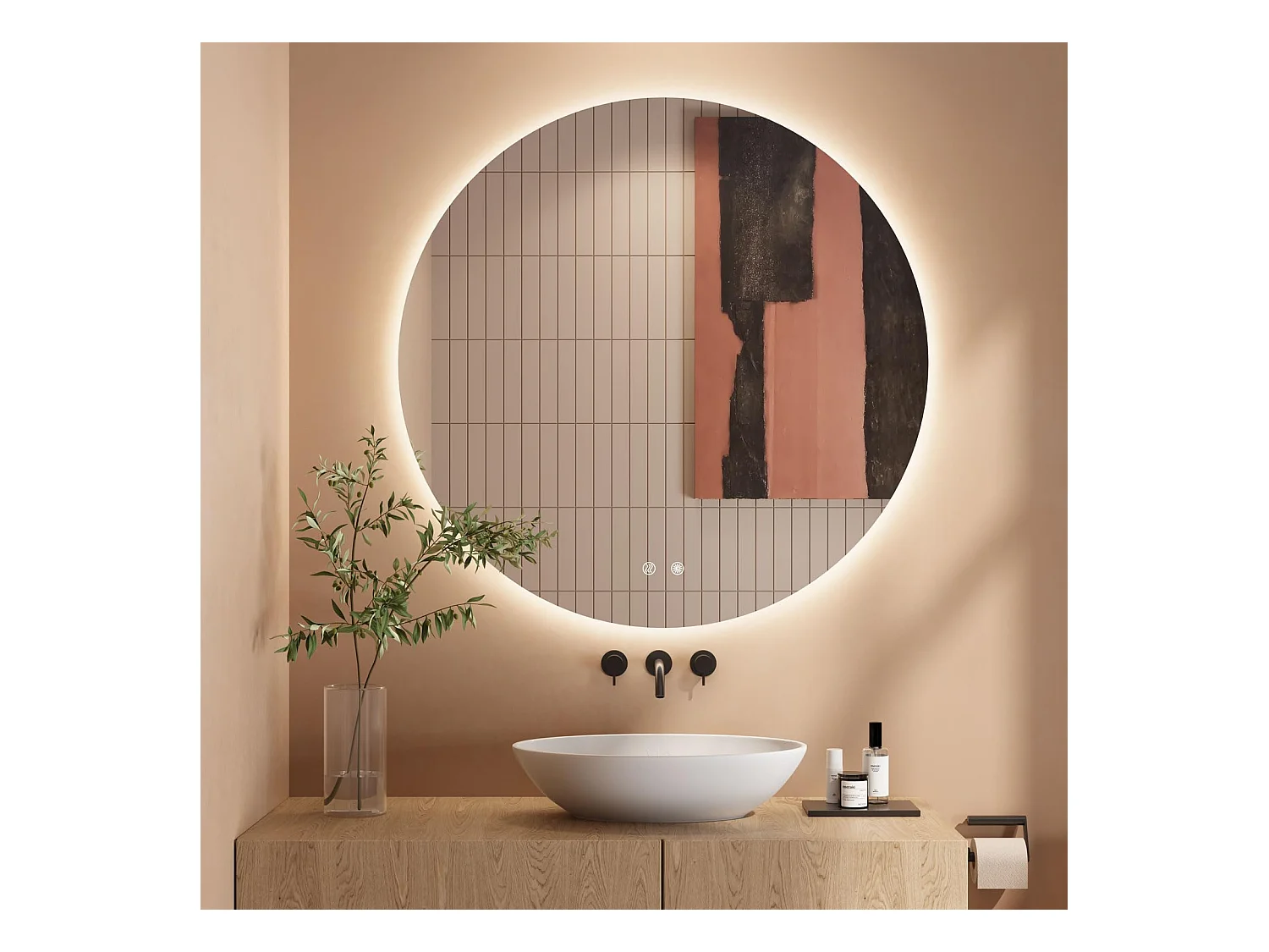 Miroir Salle de Bain LED Rond 50cm, Anti-buée, 3 Couleurs, Dimmable, Interrupteur Tactile