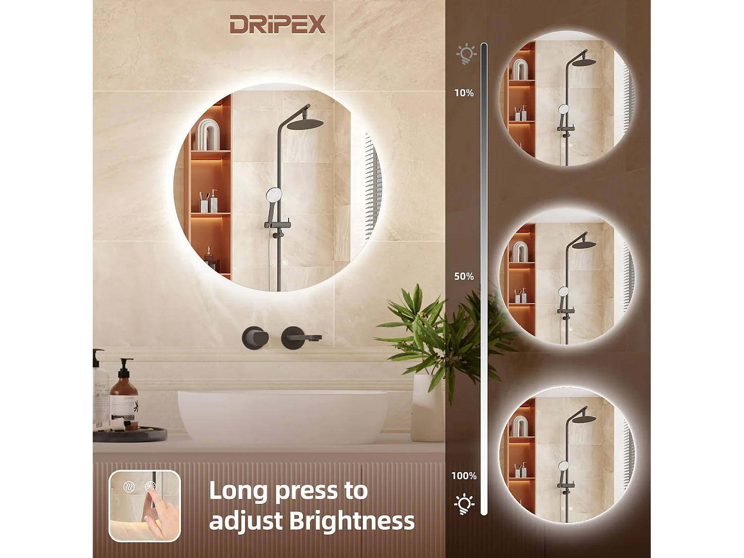 Miroir Salle de Bain LED Rond 50cm, Anti-buée, 3 Couleurs, Dimmable, Interrupteur Tactile