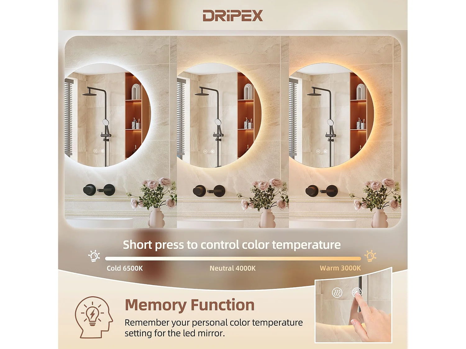 Miroir Salle de Bain LED Rond 50cm, Anti-buée, 3 Couleurs, Dimmable, Interrupteur Tactile