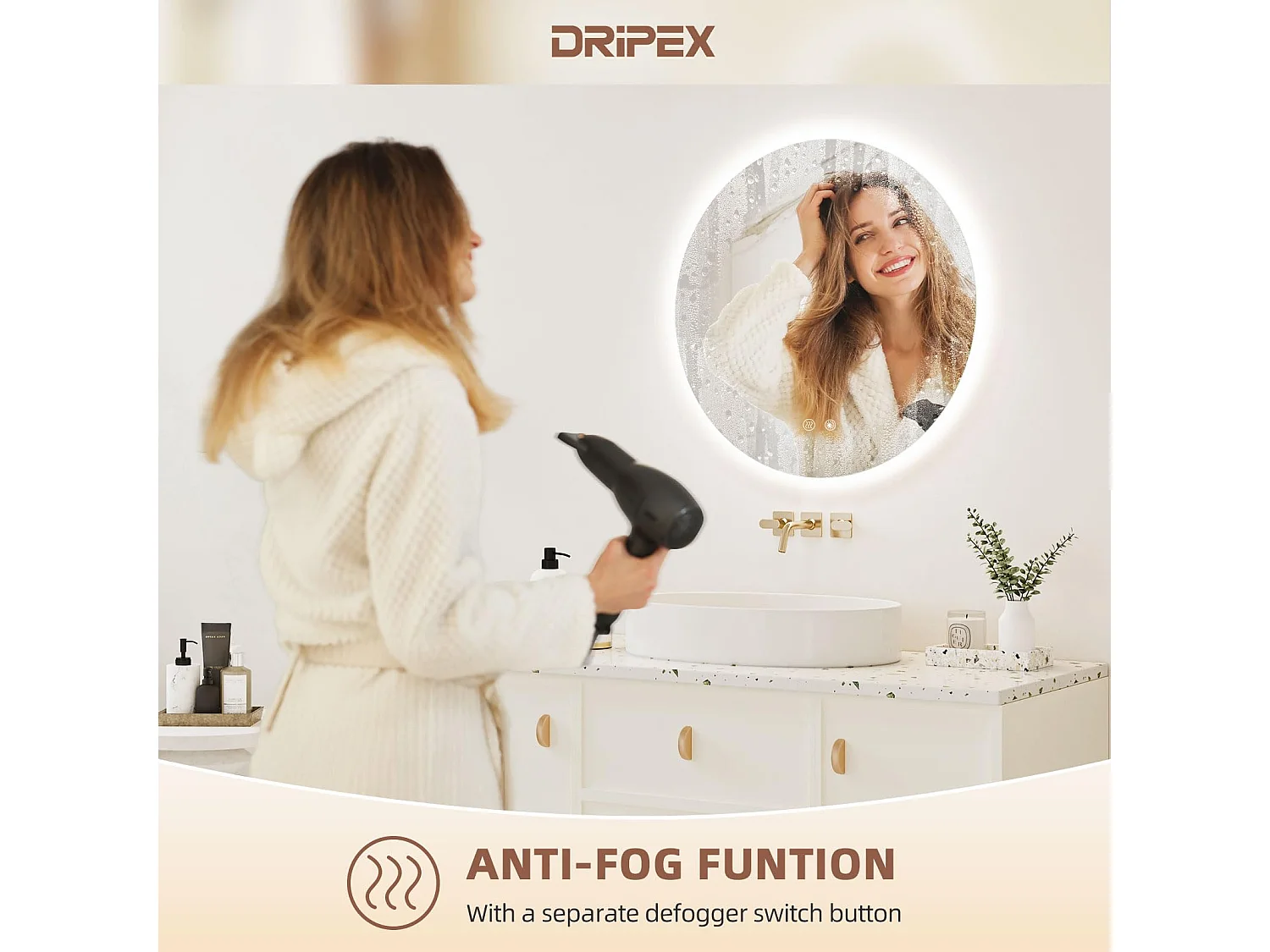 Miroir Salle de Bain LED Rond 50cm, Anti-buée, 3 Couleurs, Dimmable, Interrupteur Tactile