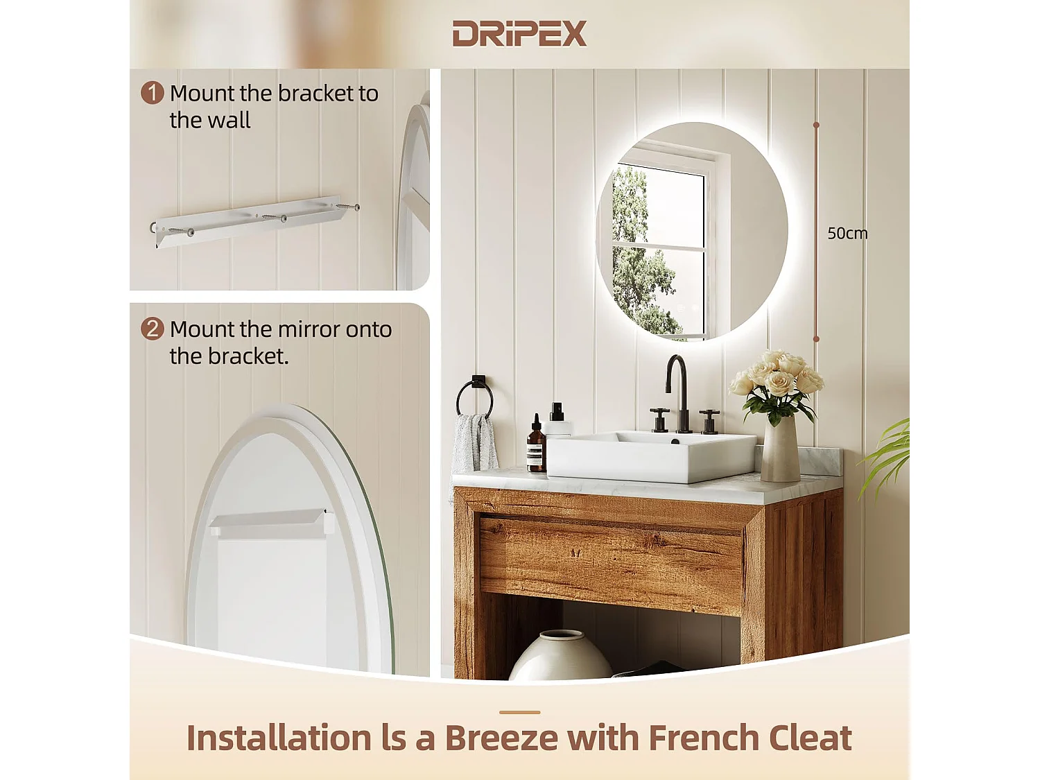 Miroir Salle de Bain LED Rond 50cm, Anti-buée, 3 Couleurs, Dimmable, Interrupteur Tactile