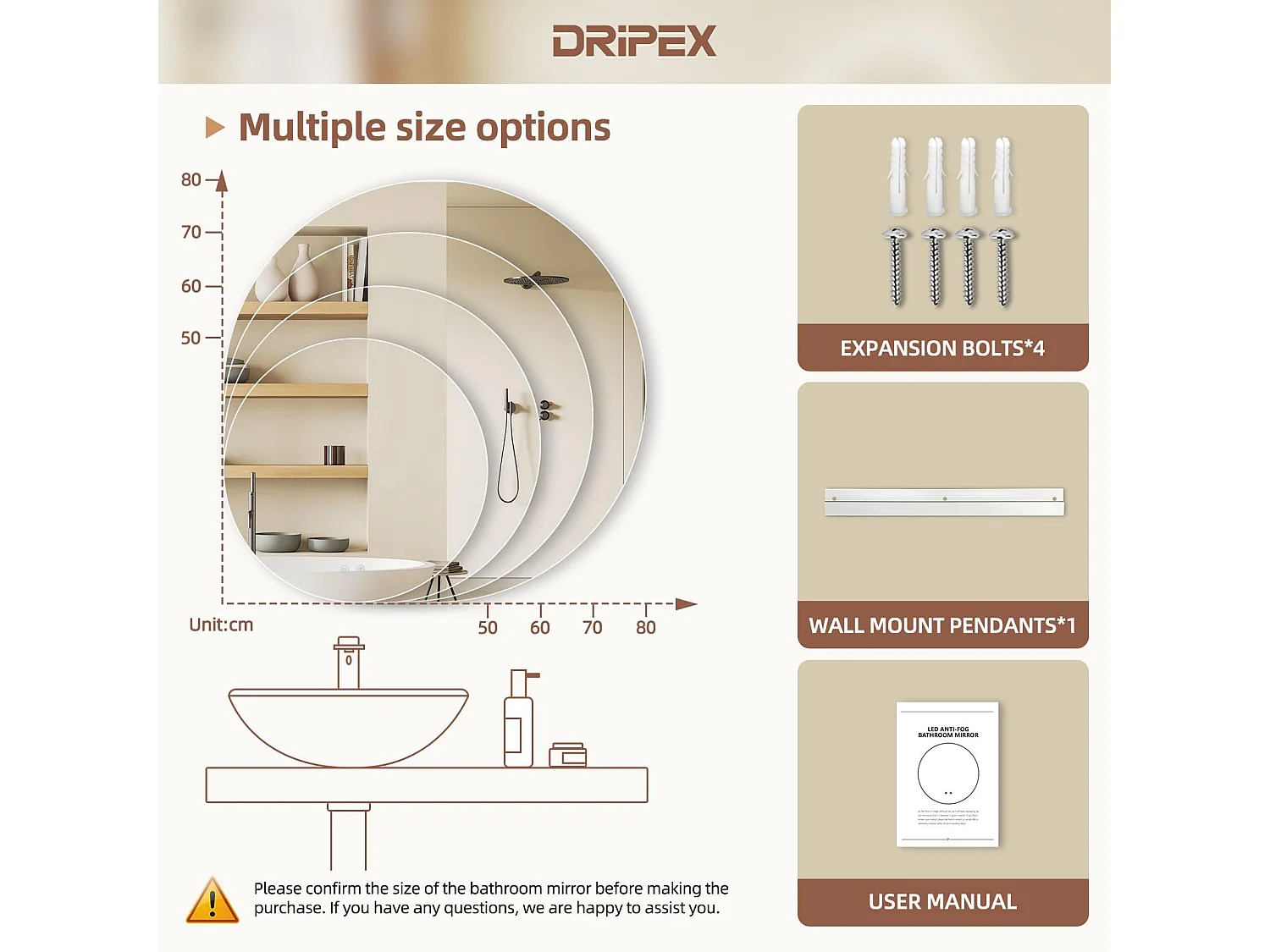 Miroir Salle de Bain LED Rond 50cm, Anti-buée, 3 Couleurs, Dimmable, Interrupteur Tactile