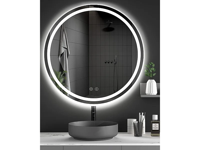 Miroir Rond Salle de Bain 70cm LED, Anti-buée, 3 Couleurs Dimmable, Mémoire, Verre Trempé HD, Capteur Tactile, IP44