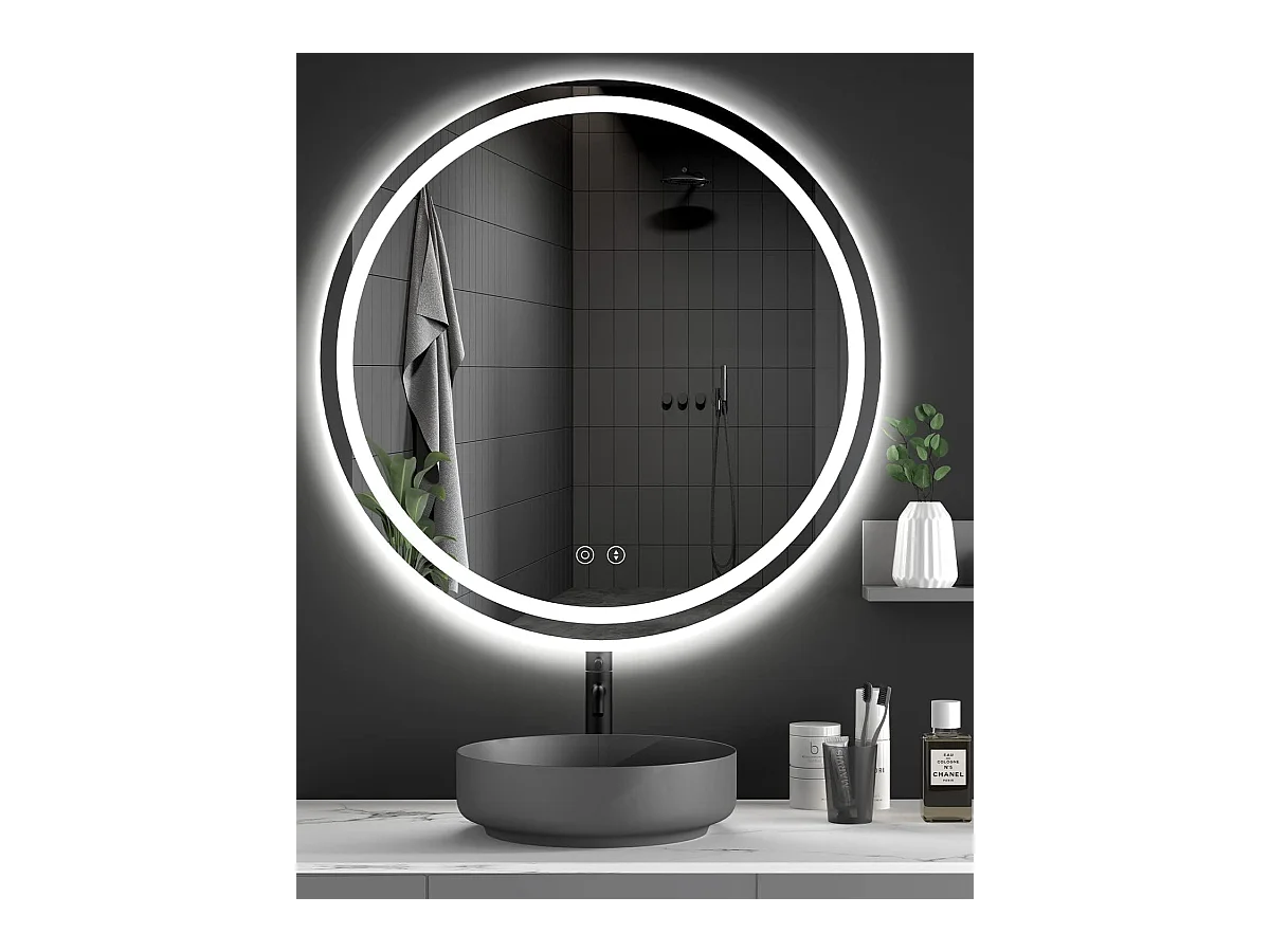 Specchio da bagno rotondo a LED da 70 cm, antiappannamento, dimmerabile in 3 colori, con memoria, vetro temperato HD, sensore touch, IP44