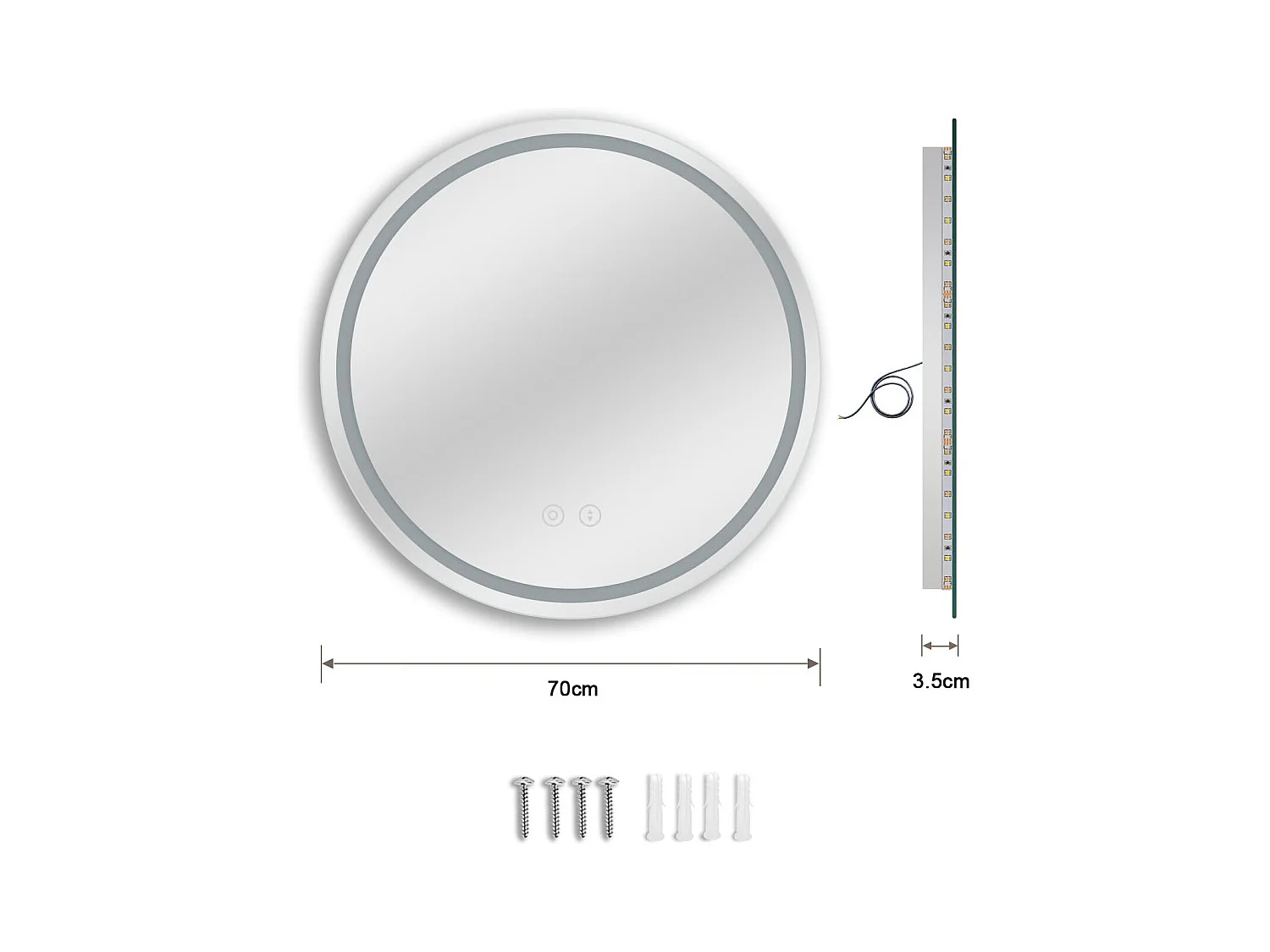 Specchio da bagno rotondo a LED da 70 cm, antiappannamento, dimmerabile in 3 colori, con memoria, vetro temperato HD, sensore touch, IP44