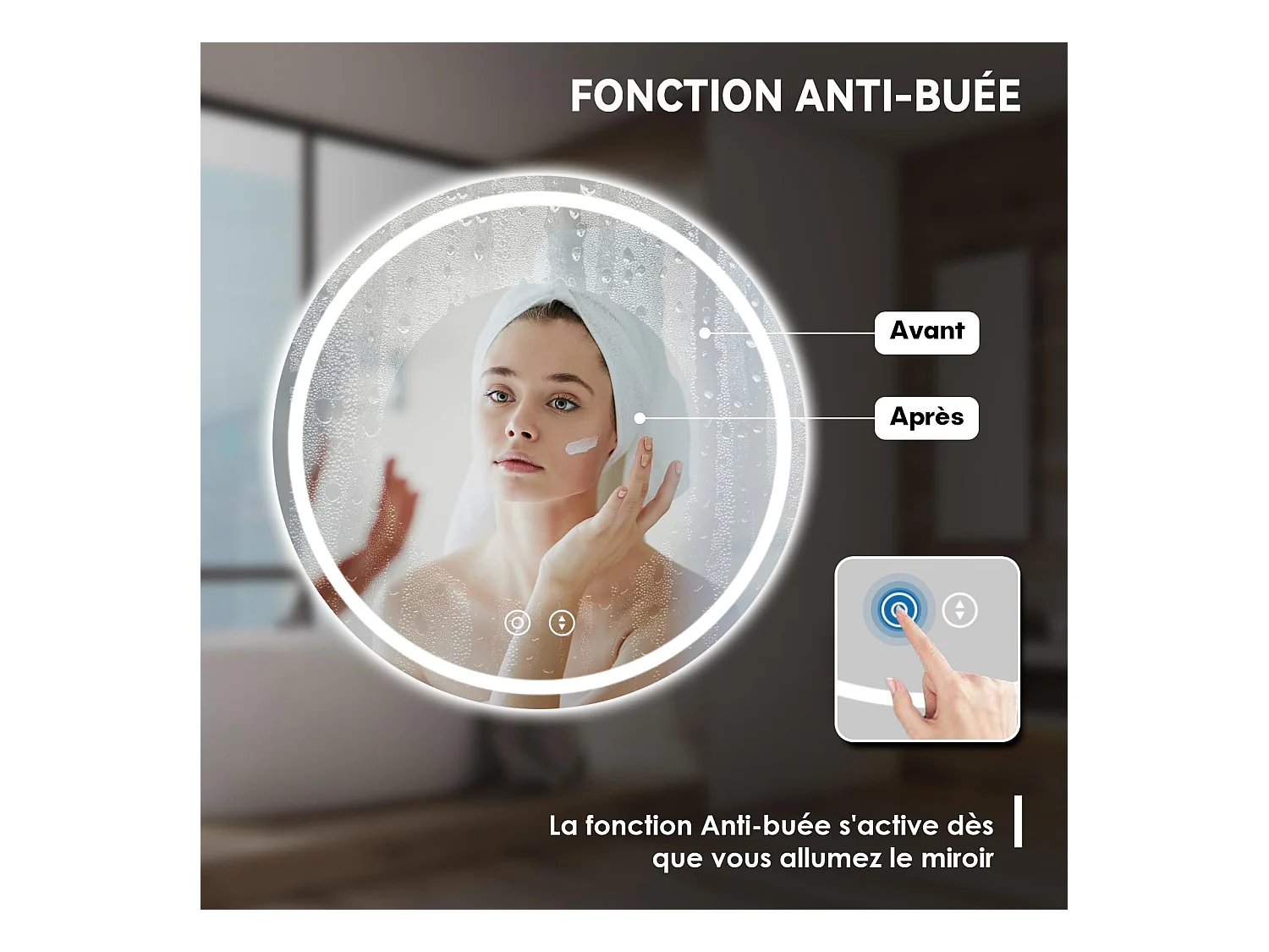 Specchio da bagno rotondo a LED da 70 cm, antiappannamento, dimmerabile in 3 colori, con memoria, vetro temperato HD, sensore touch, IP44